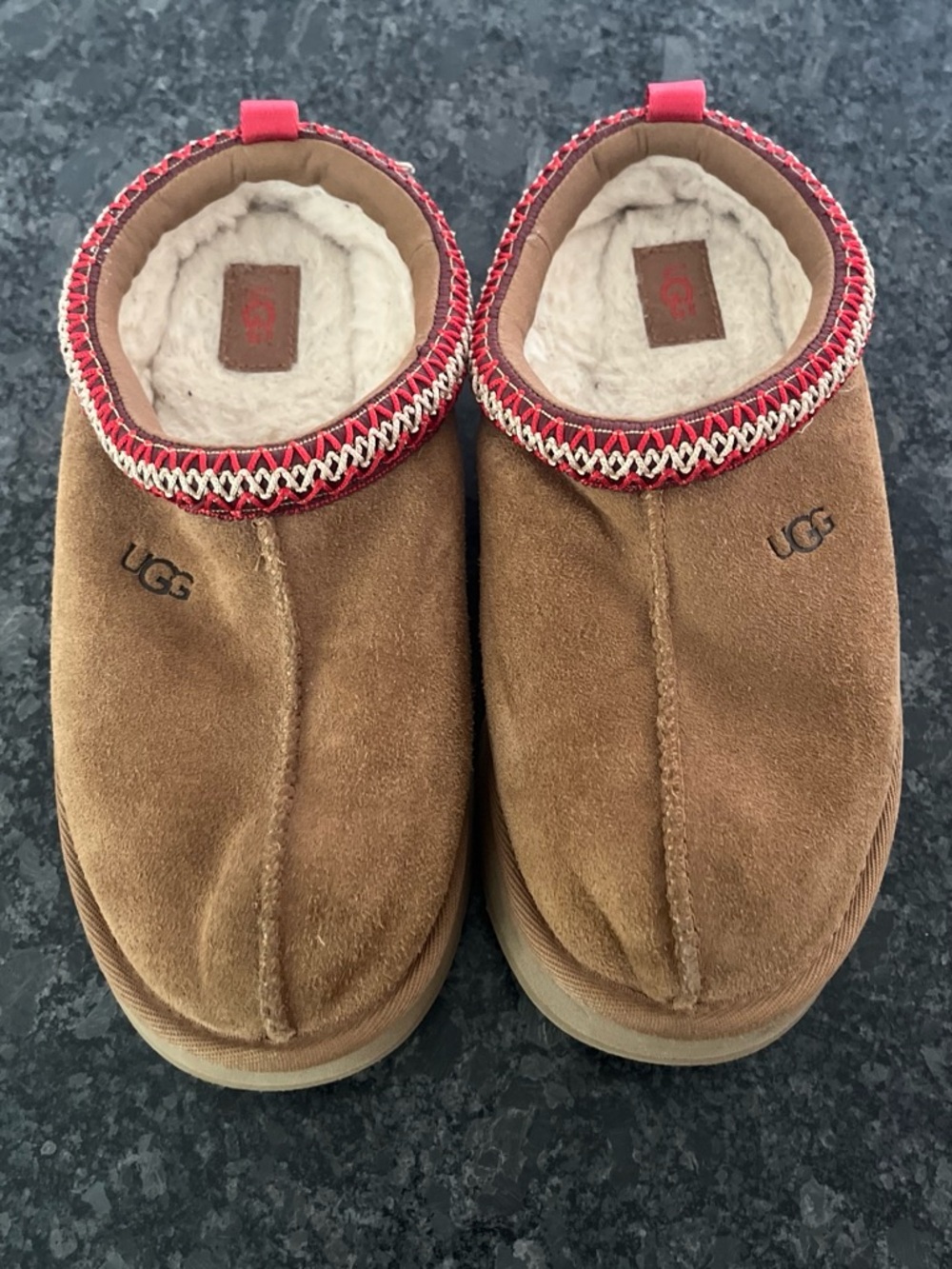 UGG Chestnut Suede Shearling-Lined Slip-On Clogs with Red Trim